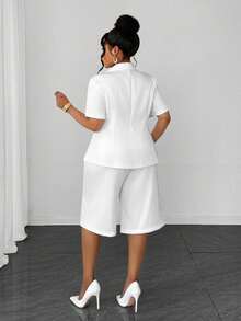 Maweii Plus Size Women's Minimalist Commuter Lapel Blazer Short Sleeve Shorts Solid Color 2-Piece Set - White - View 6