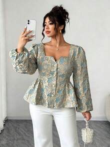 Elenzga Plus Size Light Blue Autumn Elegant Wedding Textured Jacquard Embroidered Open Front Long Sleeve Puff Sleeve Square Neck Pearl Button French Shirt - Mint Green - View 5