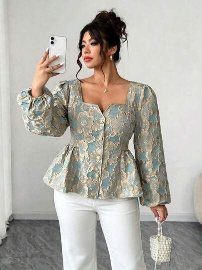 Elenzga Große Größen Offene Vorderseite Langarm Strukturierter Jacquard Bestickter Puffärmel A-Linie Taillenzugabe Quadratischer Ausschnitt Kragen Perlknopf Bluse, französisch chic elegant vielseitig für Arbeit, Dates, Fotoshootings