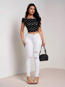 SHEIN Tall Jeans casuales versátiles para uso diario de mujer con bolsillo, botón y diseño desgastado - Blanco - Ver 7