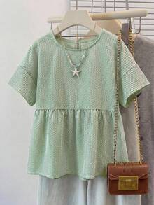 SHEIN EZwear 女款大尺碼條紋圓領短袖休閒上衣 - 薄荷綠 - 查看 10