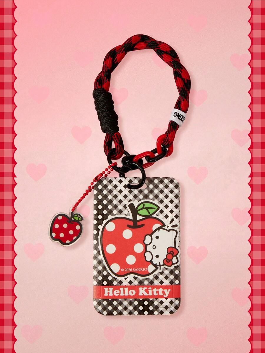 HELLO KITTY AND FRIENDS | SHEIN Multifunctional Combo Keychain Badge Holder , Black And White Braided Wrist Lanyard Apple Gingham Pattern Card Cover Keychain, Bag Pendant - red and black - View 1