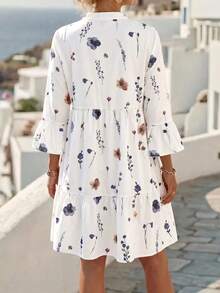SHEIN Clasi Women's Floral Print Ruffle Hem Fashion Vacation Dress Vacation White And Blue Floral Autumn Boho - Multicolor - View 3