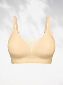 SHEIN 休閒舒適 1件式無縫網格拼接素色波浪邊可調節無鋼圈可拆式胸墊女款內衣 - 卡其色 - 查看 5