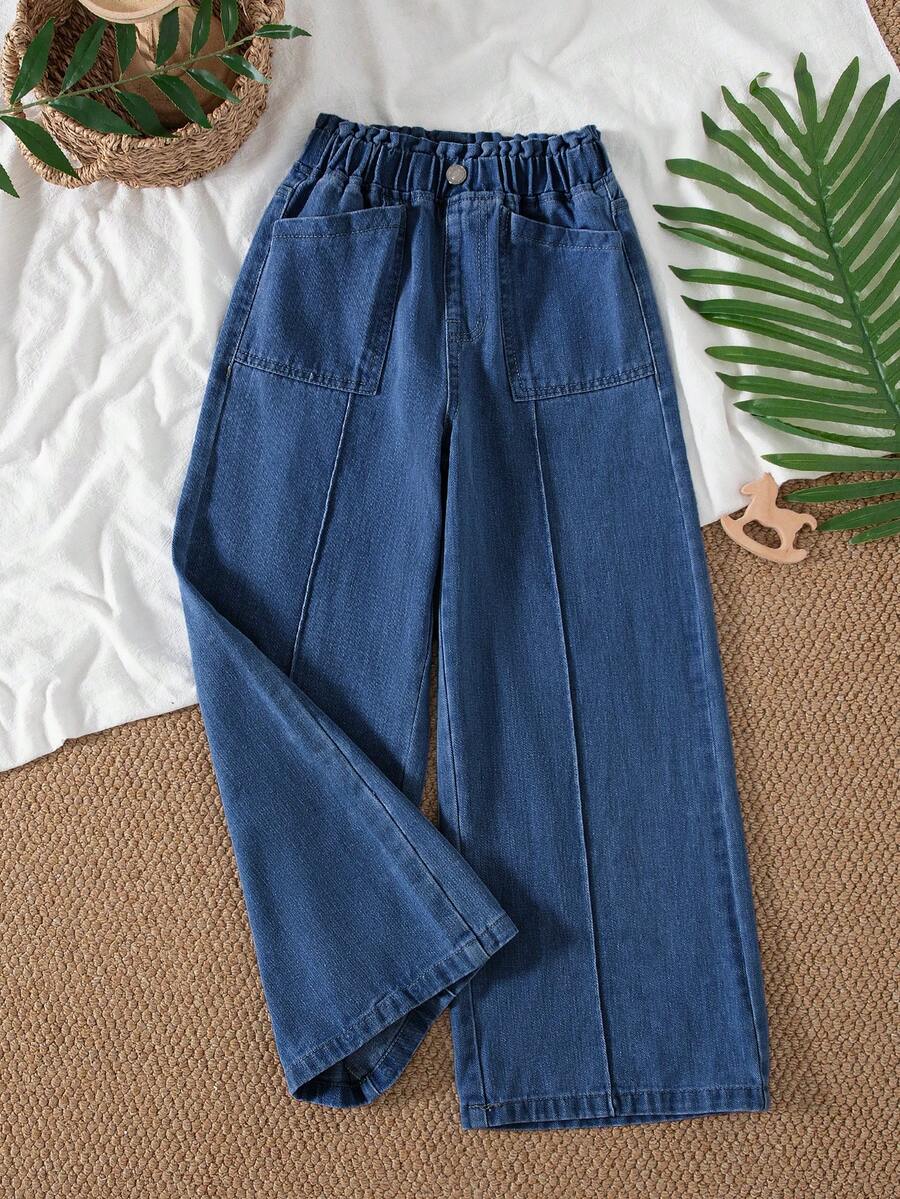SHEIN Vintaside Kids Jeans à taille élastique et jambes larges pour filles préadolescentes, toutes saisons, décontracté, style preppy, bleu clair, en coton denim, doux et confortable, polyvalent pour l'école et les sorties quotidiennes, printemps-été, tenue en denim pour fille préadolescente - Jean brut - Voir 1