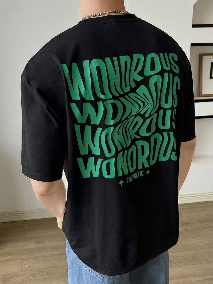 SWAVVY Loose Men's Elastic Knit T-Shirt With Slogan Print - Black - View 1
