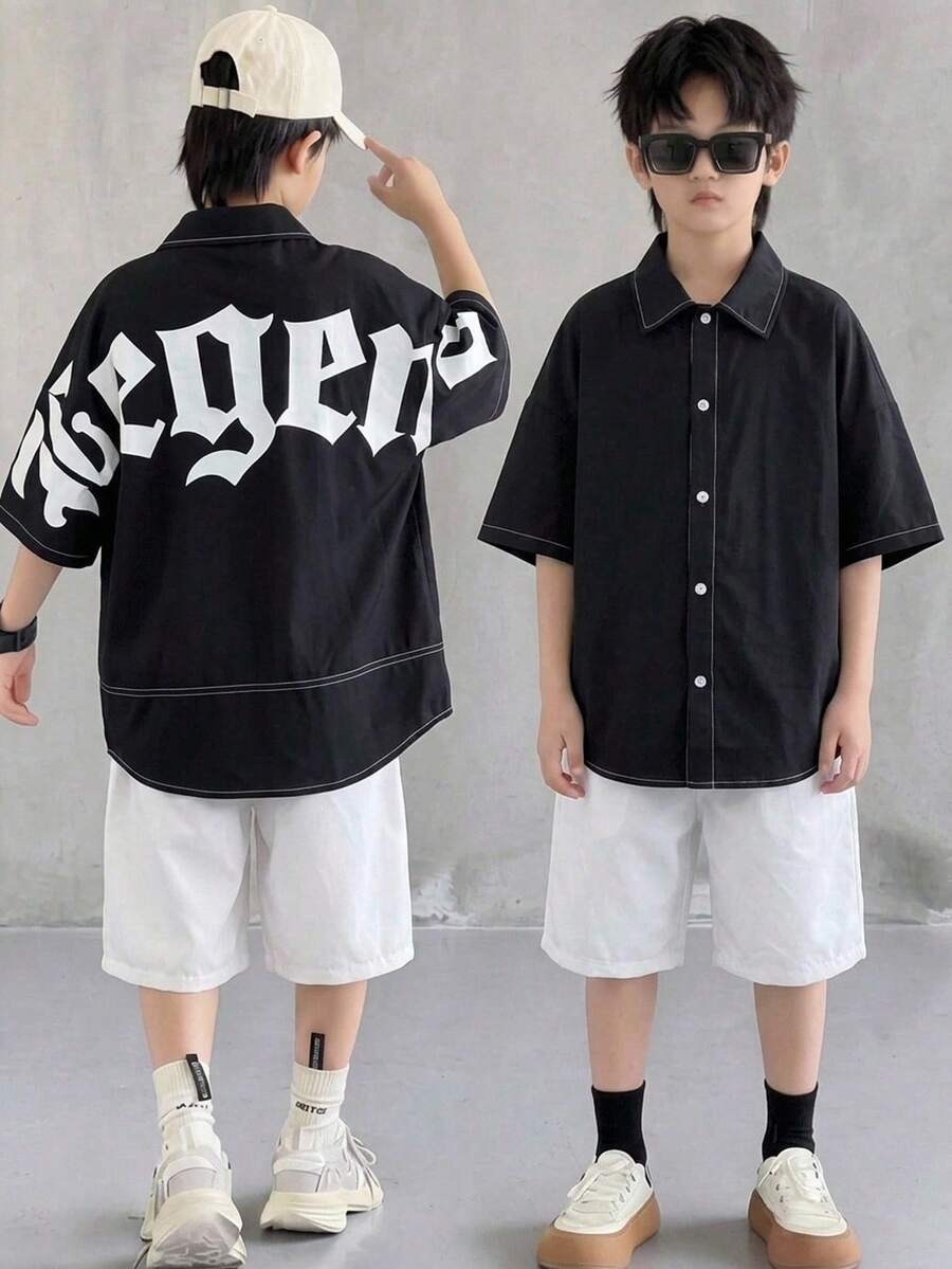 两件装儿童青少年男童舒适休闲百搭字母印花黑色短袖衬衫和短裤套装，适合室内、室外、日常、运动、玩耍、派对、拍照、度假、春夏穿着。 - 黑色 - 查看 1