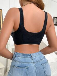 DesireSculpt Sujetador de una sola capa sin aros de unicolor con estampado de cuadros jacquard para mujer - Negro - Ver 2