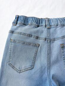 SHEIN Tween Mädchen Jeans Skinny, weich, Baumwolle, lässig, stilvoll, vielseitig, bequem für den Alltag und einfach. Merkmale sind ein geschlitzter Saum und ein besticktes Schleifenmuster. Die schmale Passform und der Stretch-Denim mit weißem Spray-Wash sind geeignet für Lässig, Urlaub und den Alltag. - Helle Waschung - Übersicht 7