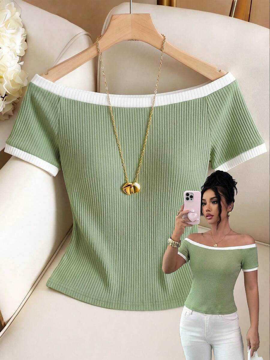 SHEIN Elenzya Matcha Green Off-Shoulder Contrast Color Knit Top Slim Fit Ribbed Short Sleeve T-Shirt Minimalist Sexy Style Shoulder-Exposing Slimming Base Layer - Green - View 1