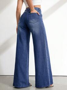 SHEIN Tall 女款高腰寬腿牛仔褲復古藍色水洗休閒夏季度假穿搭女款休閒水洗高腰寬腿牛仔褲 - 深色水洗藍 - 查看 2