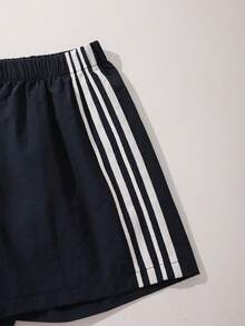 SHEIN Girls' New Autumn/Winter Fashion Striped Long Sleeve Zip-Up Jacket With Camisole And Shorts Set, Casual 3-Piece Outfit, Children's Casual Sports Style 3-Piece Set, Navy Blue With White Trim 4-Stripe Jacket + White Camisole + Matching Shorts Summer Set - Navy Blue - View 7