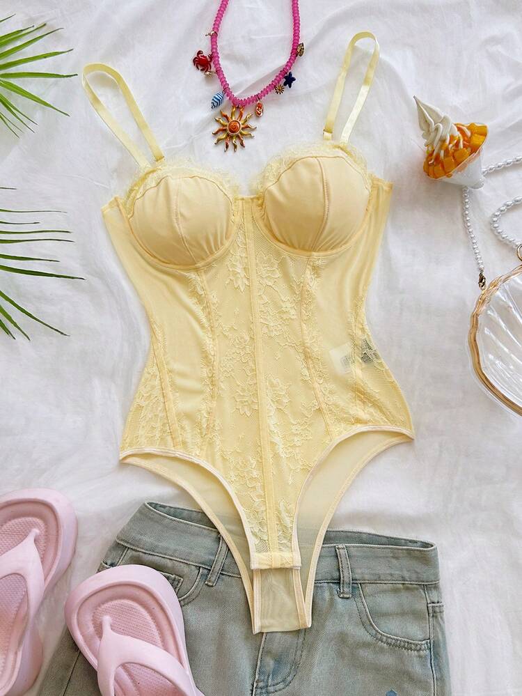 Soleia Plus Size Women's Lace Patchwork Pleated Fitted Versatile Bodysuit - Yellow - View 7