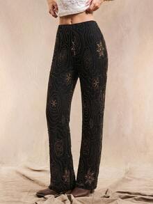 SHEIN EZwear 黑色大尺碼女款派對亮片刺繡直筒長褲 - 黑色 - 查看 7