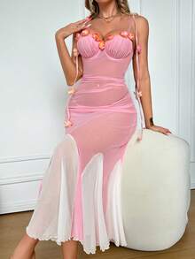 SHEIN 2pcs/Set Women's Sexy Mesh Nightgown With Underwire And Thong - Pink - View 1