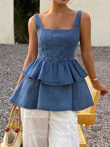 Livesso Women's Denim Camisole Top With Collar, Waist Cinching, And Ruffle Hem - Blue - View 6