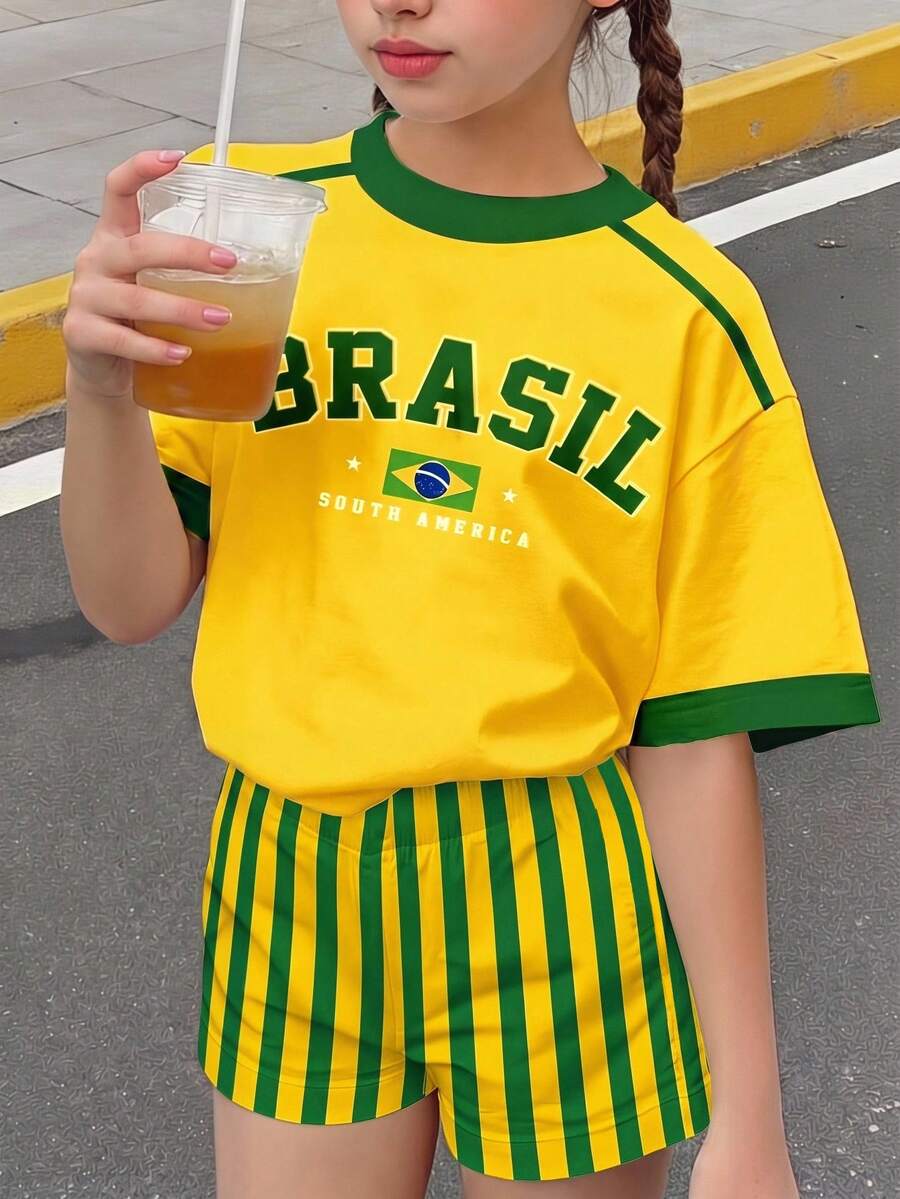1套青少年女孩休閒舒適時尚運動風巴西 BRASIL 字母印花短袖T恤與條紋短褲套裝,適合夏季運動、世界盃、度假穿搭 - 彩色 - 查看 1