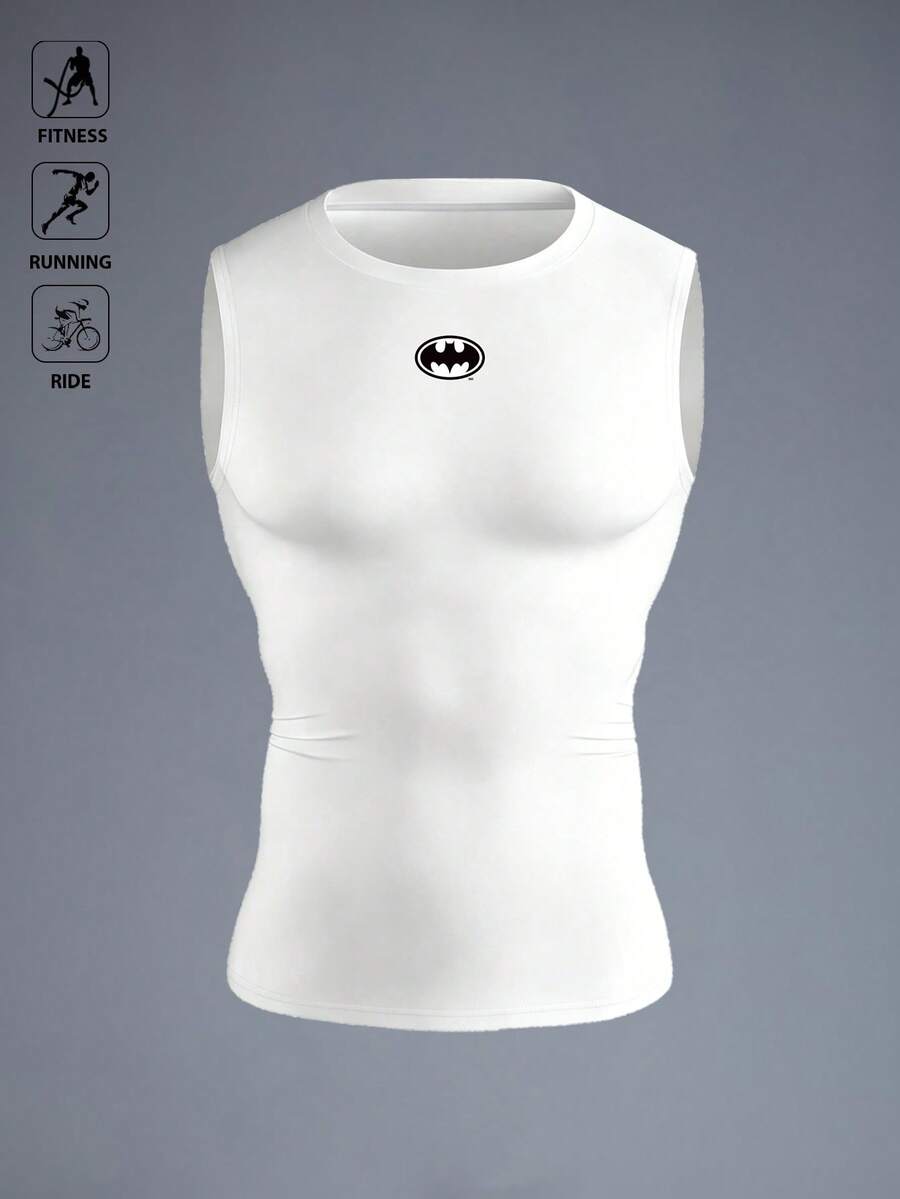 BATMAN X SHEIN 男款印花拼色休閒百搭圓領運動背心 - 白色 - 查看 1
