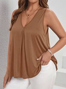 SHEIN LUNE Plus Size Women Solid Color Versatile Casual Pleated Tank Top - Brown - View 3