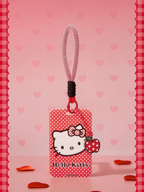 HELLO KITTY AND FRIENDS | SHEIN 三麗鷗 Hello Kitty 可愛編織手腕掛繩附 ID 卡套，日系可愛學生公車卡識別證套，附蘋果吊飾鑰匙圈，女性禮物