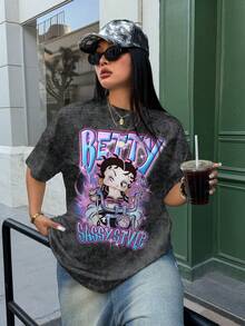 Betty Boop x SHEIN Plus Size Women's Round Neck Letter Cartoon Print Casual Versatile Daily Outing Short Sleeve T-Shirt - White - View 4