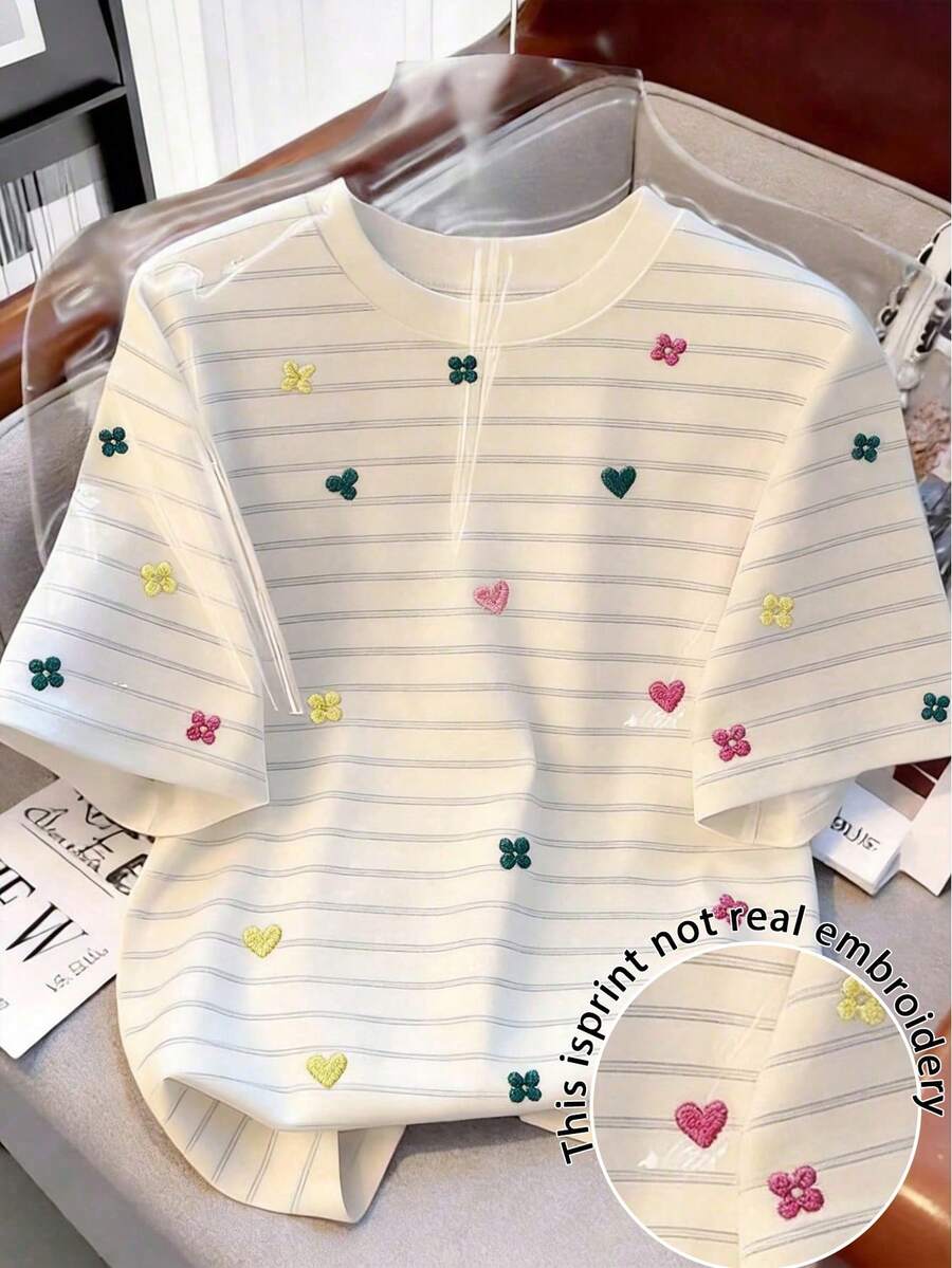 Resyla Camiseta de mujer talla grande con cuello redondo, a rayas, con bloques de color y estampado floral - Multicolor - Ver 1