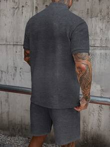 EGENSIO Men's Knitted Jacquard Solid Color Textured Collar & Cuff Ribbed Zipper Polo Set - Dark Grey - View 2