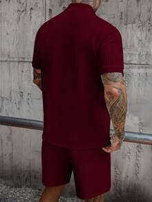 Manfinity Homme Men's Solid Color Knitted Textured Zipper Collar Polo Shirt And Drawstring Waist Shorts Set - Burgundy - View 2