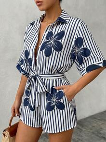 SHEIN LUNE Jumpsuit Liburan Wanita Ukuran Besar Motif Garis dan Bunga - MultiWarna - View 5