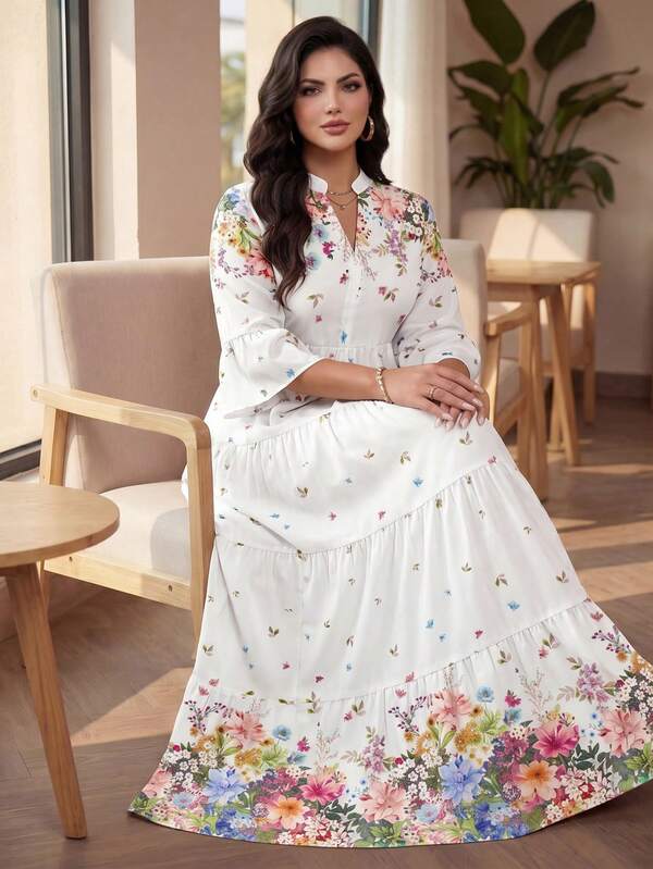 SHEIN Lady CURVE Đầm dài tay cổ xếp ly, kiểu dáng Bohemian, đầm thường ngày. Đầm cỡ lớn thanh lịch tối giản, phù hợp cho mùa xuân và mùa hè.
