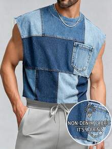 Manfinity Dauomo Summer Casual Sleeveless Top, Men's Breathable Tank Top, Denim Print Pattern Design, Stylish, Suitable For Daily Wear, Outdoor, Sports - Multicolor - View 1