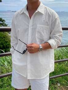 DAZY Camisa de manga larga de color blanco sólido para hombre de primavera - Blanco - Ver 6