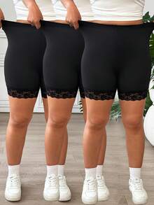 SHEIN EZwear 大码女士休闲撞色蕾丝短裤，多条装 - 黑色 - 查看 2