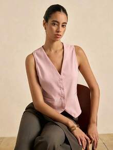 Airaco Chaqueta de moda tipo chaleco sin mangas con cuello en V y botones delanteros de unicolor para mujer - Rosa - Ver 6