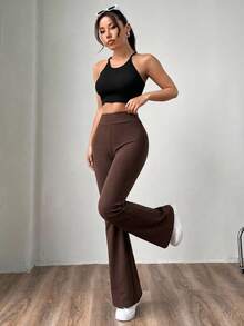 SHEIN EZwear 女款素色高腰修身針織喇叭褲 - 巧克力棕 - 查看 7