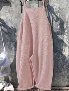 SHEIN LUNE CURVE 大尺碼泡泡格紋休閒寬鬆大口袋繫帶吊帶連身褲 夏季度假休閒穿搭 - 紅色 - 查看 2
