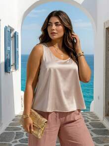 ELLERISSA Plus Size Apricot Satin Low Scoop Cami Top - Apricot - View 6