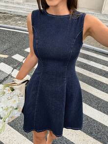 Serisse 女士时尚百搭优雅圆领牛仔连衣裙 - 藍色 - 查看 4