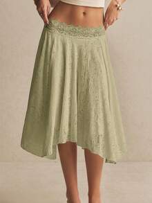 Poéselle Asymmetrical Hem Spring/Summer Women's Skirt - Olive Green - View 4