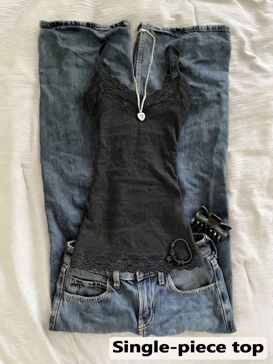 SHEIN 女士蕾丝拼接修身吊带背心 - 深灰色 - 查看 1