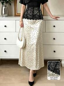 Modelyn Vintage Elegant Polka Dot Satin Skirt With Lace Waist Design, Soft Elegant Commuter Style - Apricot - View 6