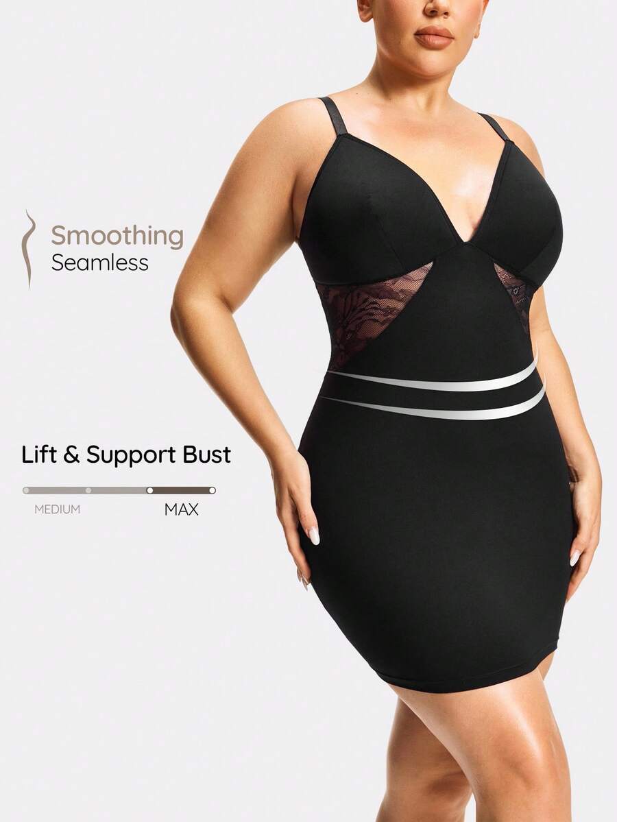 SHAPORA Đầm định hình size lớn Curve màu đen ren hoa phối ren xuyên thấu, đầm slip mặc hằng ngày đi làm văn phòng - màu đen - Xem 1