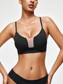 SHAPORA Women's Solid Color Mesh Patchwork Comfortable Bra - Black - View 6