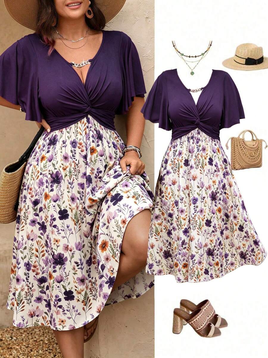 Breezaya Plus Size Women's Spring/Summer Knit Romantic Floral Print Chain Patchwork Ruffle Twist Waist Elegant Modest A-Line V-Neck Midi Dress - Purple - View 1