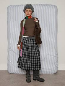 COUREZ Low Rise Check Midi Skirt / Y2K Spring Clothes For Women Cute Cottagecore Skirts 2 Piece Sets Valentines Day Outfit Date Night Going Out Outifts - Dark Grey - View 2
