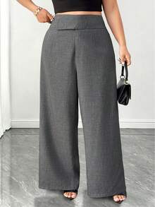SHEIN Clasi Plus Size Women High Waist Asymmetric Button Narrow Leg Pants Office White Autumn Streetwear Fall - Grey - View 5