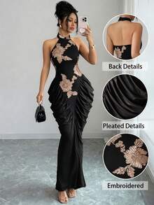 Modelyn Brown Mesh Jacquard Embroidered Backless Halter Neck Slim Fit Ruched Gathered Design Fashionable Elegant Long Dress - Black and Gold - View 6