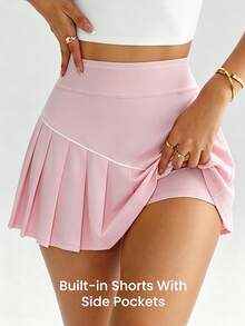 SHEIN Sovereign Charm Spring/Summer Women's Sports Mini Skirt, Pink Waistband With Contrast Color Striped Patchwork, High Elasticity Waist, Contrast Color Striped Pleated Hem, With Built-In Shorts And Pockets, Suitable For Casual Wear, Running, Yoga, Gym, Tennis, Golf - Pink - View 4
