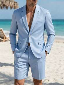 VENTUSAIL Conjunto de 2 piezas de traje y pantalones cortos azul claro para hombre, primavera/verano, boda, ceremonia, formal - Azul - Ver 5
