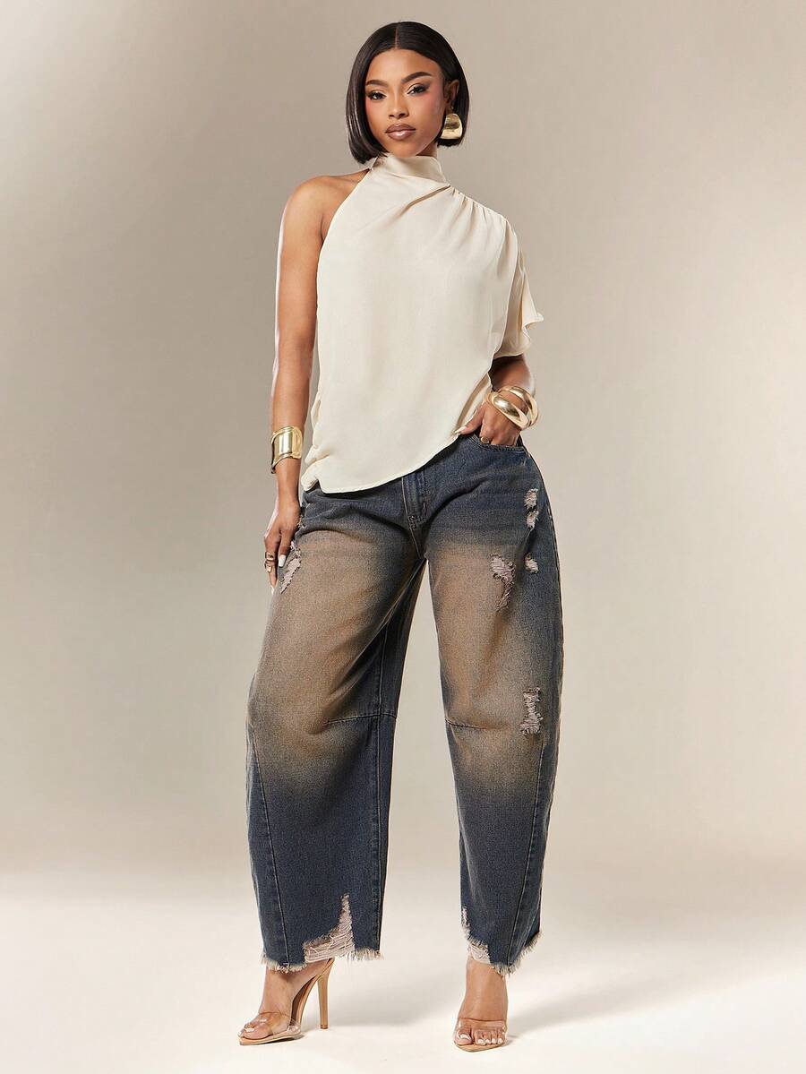 Denimoi Women's Button Half-Placket Pocket Distressed Frayed Hem Barrel Leg Jeans - Blue - View 1